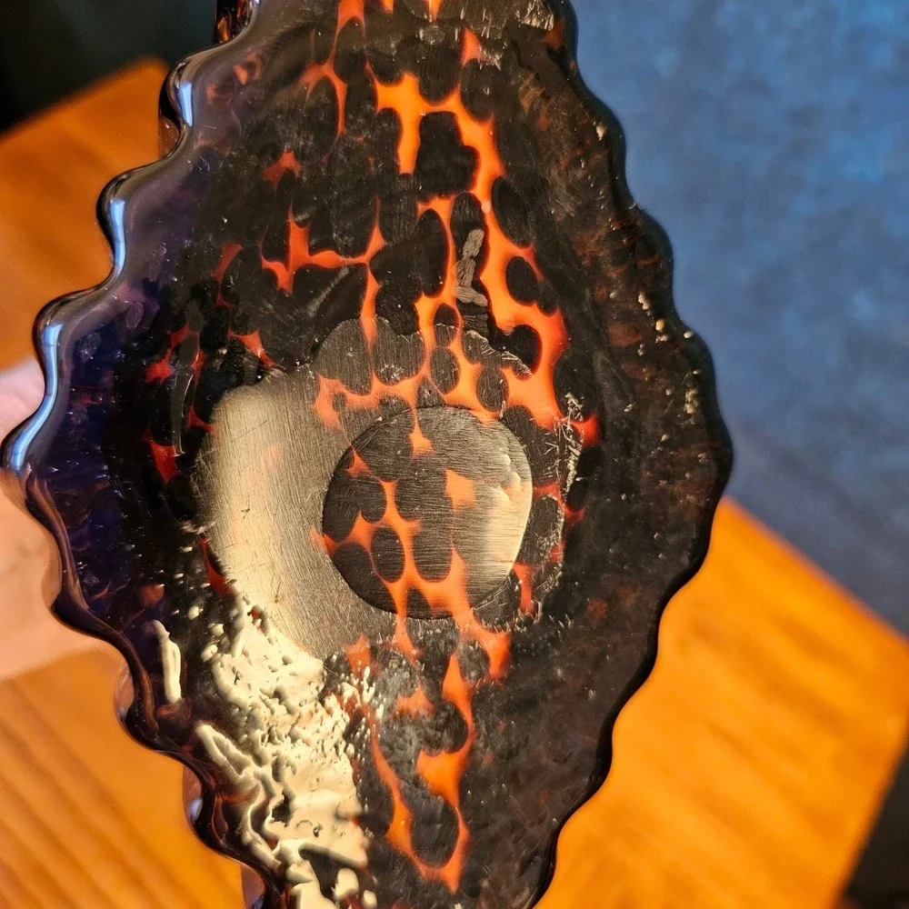 Vintage Art Glass Tortoiseshell Purse Vase Amber Brown Leopard Print Hand Blown